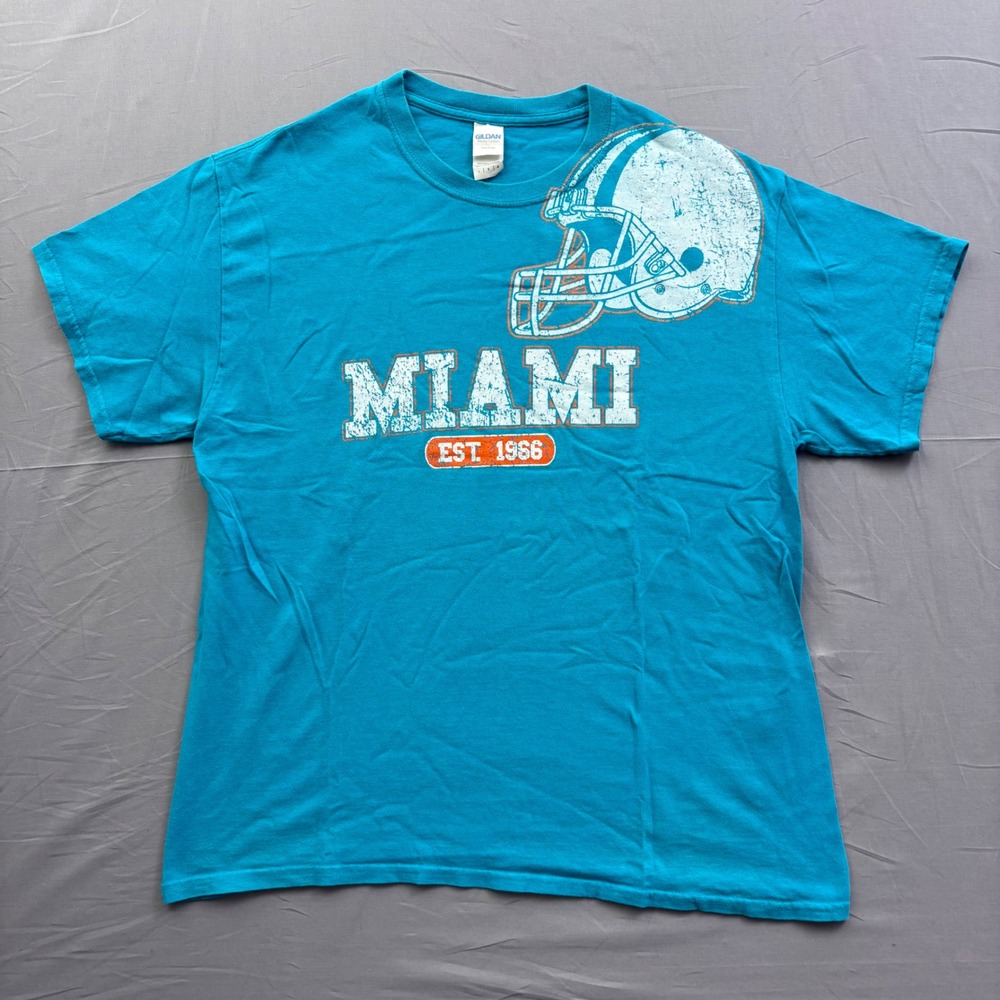 Gildan Miami Football Helmet Graphic T-Shirt Teal Blue Mens Large‎ EST 1966